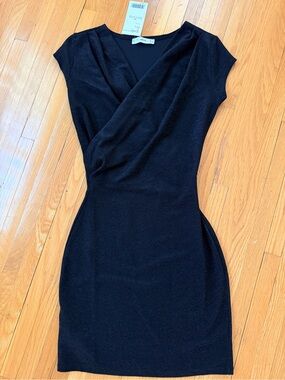 NWT MNG Black Cap-Sleeve Faux-Wrap Mini Dress